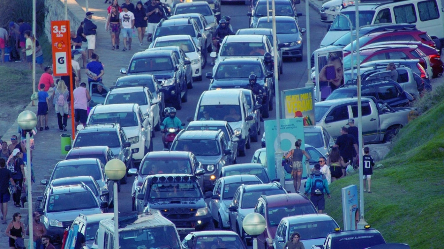 Traffic jam at a campus parking entrance during peak hours